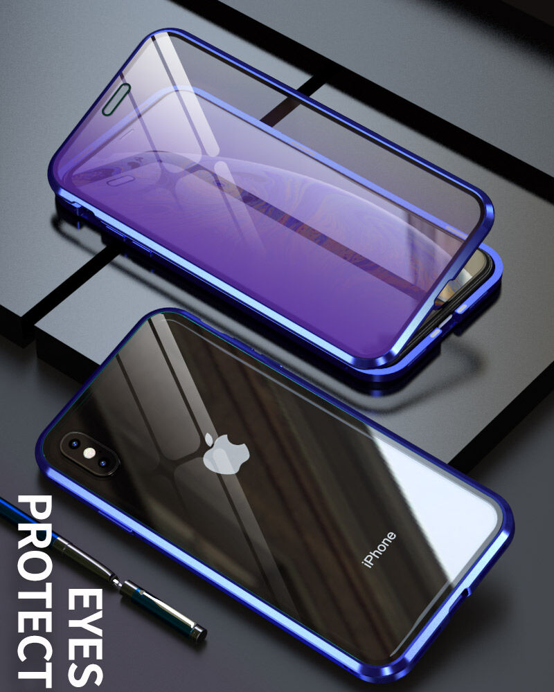 Ovitek s kovinskim okvirom in kaljenim anti-blue-ray steklom za sprednjo in hrbtno stran iPhone X / XS - zlati