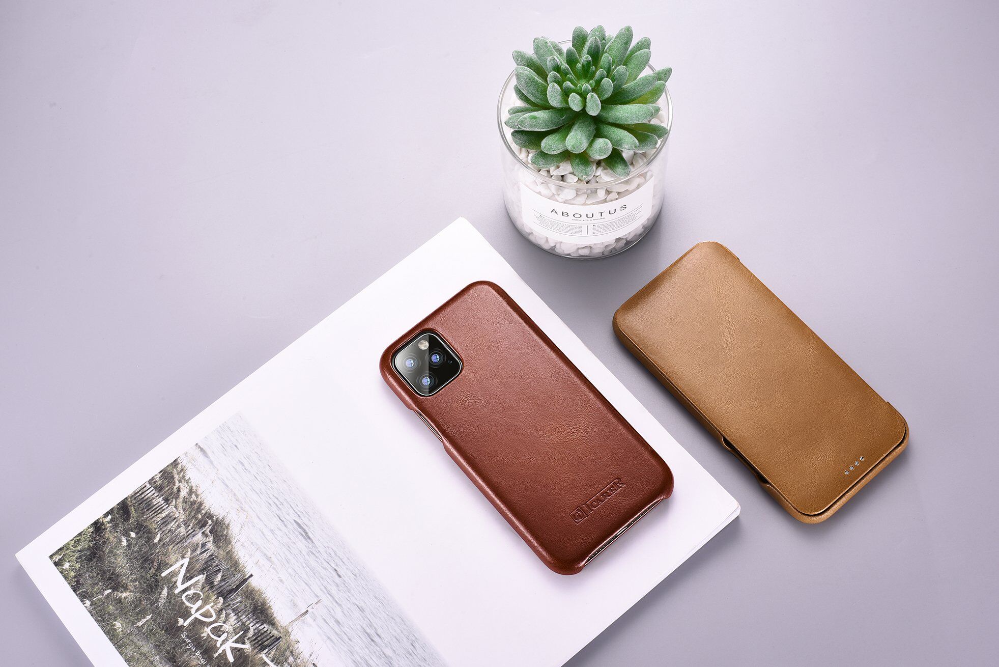 Icarer usnjeni flip etui za iPhone 11 Pro Max - kakavovo rjava