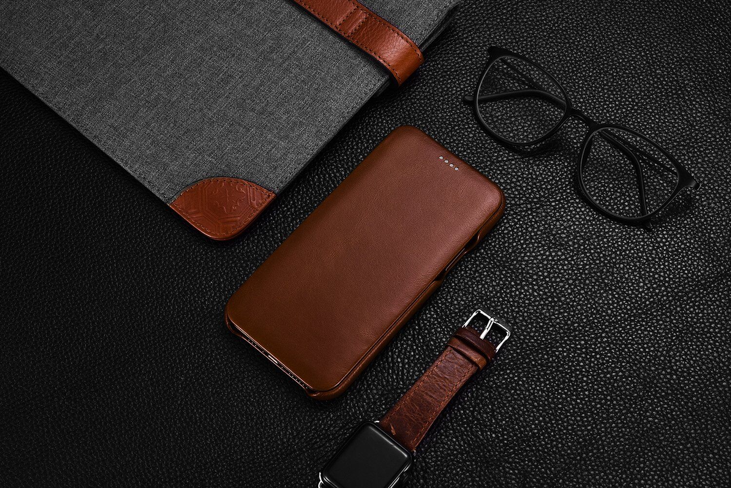 Icarer usnjeni flip etui za iPhone 11 Pro Max - kakavovo rjava
