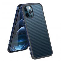 Ovitek s teksturo iz ogljikovih vlaken in zaščitnim okvirjem za iPhone 12 / 12 Pro - temno modra