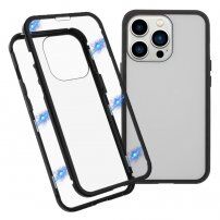 Etui za celoten telefon iz kaljenega stekla s kovinskim okvirjem za iPhone 13 Pro - črna