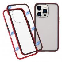 Etui za celoten telefon iz kaljenega stekla s kovinskim okvirjem za iPhone 13 Pro - rdeče