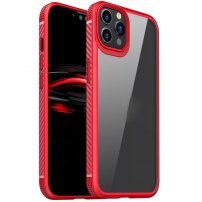 Odporen prozoren etui s teksturo karbona za iPhone 12 / 12 Pro - rdeče