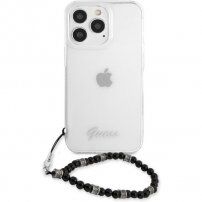 Guess Script and Black Pearls ovitek s črnimi kroglicami za iPhone 13 Pro Max - jasno