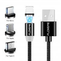 Okrogli magnetni kabel FLOVEME USB-A / USB-C / Micro USB / Lightning za iPhone / iPad / iPod / AirPods - 1 m - črna