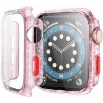 Zaščitno ohišje z bleščicami in kaljenim steklom za Apple Watch 44mm - roza