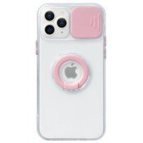 Prozoren etui z držalom za prst in poklopcem fotoaparata za iPhone 13 Pro - roza