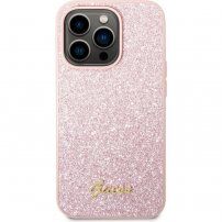 Guess Glitter Flakes Metal Logo bleščeč etui za iPhone 14 Pro Max - roza