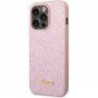 Guess Glitter Flakes Metal Logo bleščeč etui za iPhone 14 Pro Max - roza