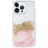 Prozoren marmorni etui s kamenčki za iPhone 14 Pro Max - roza