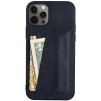 Usnjen etui z žepkom za karte in stojalom za iPhone 12 Pro Max - temno modra