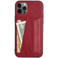 Usnjen etui z žepkom za karte in stojalom za iPhone 12 Pro Max - rdeče
