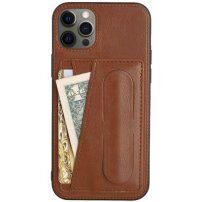 Usnjen etui z žepkom za karte in stojalom za iPhone 12 Pro Max - rjava