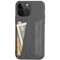 Usnjen etui z žepkom za karte in stojalom za iPhone 13 Pro Max - siva