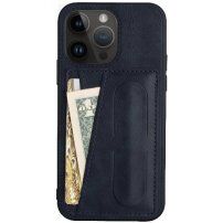 Usnjen etui z žepkom za karte in stojalom za iPhone 14 Pro - temno modra