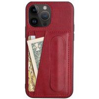 Usnjen etui z žepkom za karte in stojalom za iPhone 14 Pro Max - rdeče