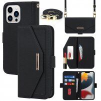 Flip etui s paščkom v obliki pisma za iPhone 14 Pro Max - črna