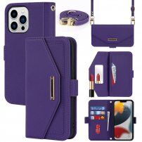 Flip etui s paščkom v obliki pisma za iPhone 14 Pro Max - vijolična