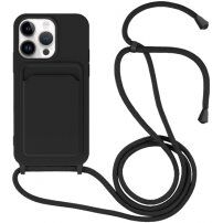 Silikonski ovitek z zanko in žepkom za kartice za iPhone 14 Pro - črna