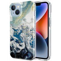 Marmorni ovitek z bleščicami za iPhone 14 Plus - temno modra