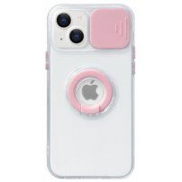 Prozoren etui z držalom za prst in poklopcem fotoaparata za iPhone 14 Plus - roza