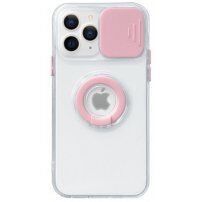 Prozoren etui z držalom za prst in poklopcem fotoaparata za iPhone 14 Pro Max - roza