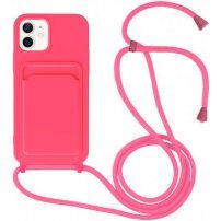Silikonski ovitek z zanko in žepkom za kartice za iPhone 11 - neonsko rožnata