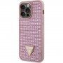 Guess Rhinestones Triangle Metal Logo ovitek, posut s kristali za iPhone 14 Pro Max - roza
