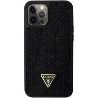 Guess Rhinestones Triangle Metal Logo ovitek, posut s kristali za iPhone 12 Pro Max - črna