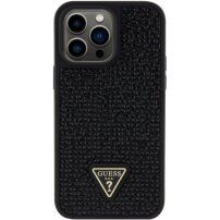 Guess Rhinestones Triangle Metal Logo ovitek, posut s kristali za iPhone 14 Pro Max - črna