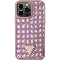 Guess Rhinestones Triangle Metal Logo ovitek, posut s kristali za iPhone 14 Pro Max - roza