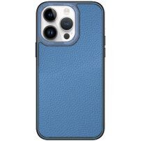 Usnjen ovitek s kovino prevlečenim okvirjem za iPhone 14 Pro - modro