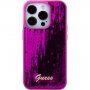 Guess Sequin Script Logo ovitek z bleščicami za iPhone 15 Pro - fuksija