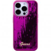 Guess Sequin Script Logo ovitek z bleščicami za iPhone 15 Pro - fuksija