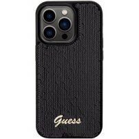 Guess Sequin Script Logo ovitek z bleščicami za iPhone 14 Pro Max - črna