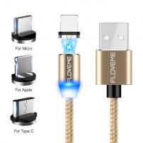 Okrogli magnetni kabel FLOVEME z USB-C / Micro USB / Lightning za iPhone / iPad / iPod / AirPods - 1m - zlato
