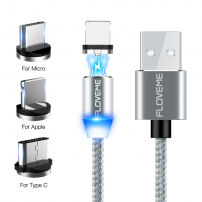 Okrogli magnetni kabel FLOVEME USB-A / USB-C / Micro USB / Lightning za iPhone / iPad / iPod / AirPods - 1 m - srebro