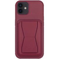 Usnjena torbica za iPhone 12 / 12 Pro z žepom za kartico in preklopnim stojalom - bordo