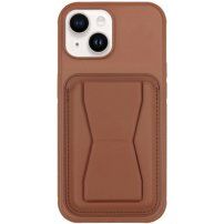 Usnjen ovitek z žepom za kartice in preklopnim stojalom za iPhone 14 - rjav