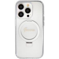 Guess Ring Stand Glitter Glitter Cover s preklopnim stojalom in MagSafe za iPhone 15 Pro Max - prozoren