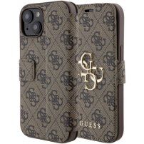 Guess 4G Metal Logo flip ovitek za iPhone 15 - rjava