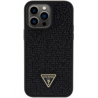 Guess Rhinestones Triangle Metal Logo ovitek, posut s kristali za iPhone 15 Pro Max - črna