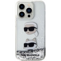 Karl Lagerfeld Liquid Glitter Karl and Choupette Head Cover za iPhone 15 Pro Max - srebrna