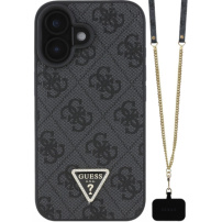 Guess 4G Strass Triangle Metal Logo etui s paščkom za iPhone 16 - siv