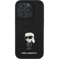 Karl Lagerfeld Ovitek z bleščicami Fixed Glitter Metal Ikonik za iPhone 16 Pro Max - črn