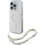 Guess IML Glitter Beads Strap Case z zanko in MagSafe za iPhone 16 Pro - srebrn