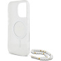 Guess IML Glitter Beads Strap Case z zanko in MagSafe za iPhone 16 Pro - srebrn