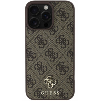 Guess 4G majhen kovinski ovitek z logotipom MagSafe za iPhone 16 Pro - rjav