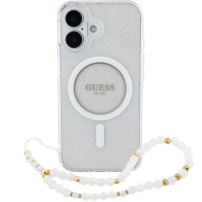 Guess IML Glitter Beads Strap Case z zanko in MagSafe za iPhone 16 - srebrn