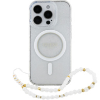 Guess IML Glitter Beads Strap Case z zanko in MagSafe za iPhone 16 Pro - srebrn